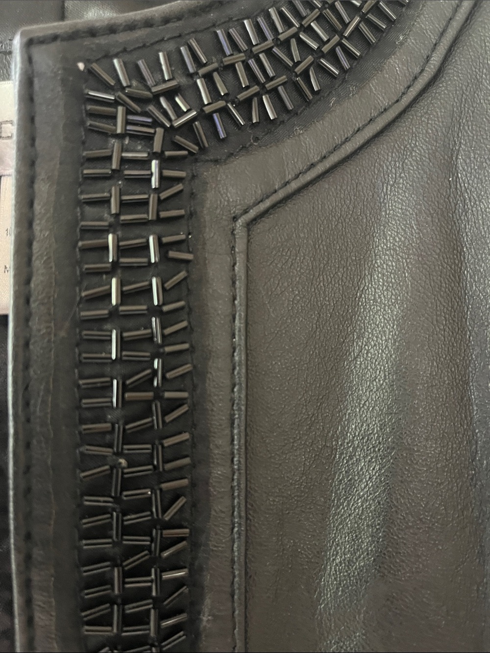 Chico's Black Leather Collarless Beaded Trim Jacket - Picture 3 of 5